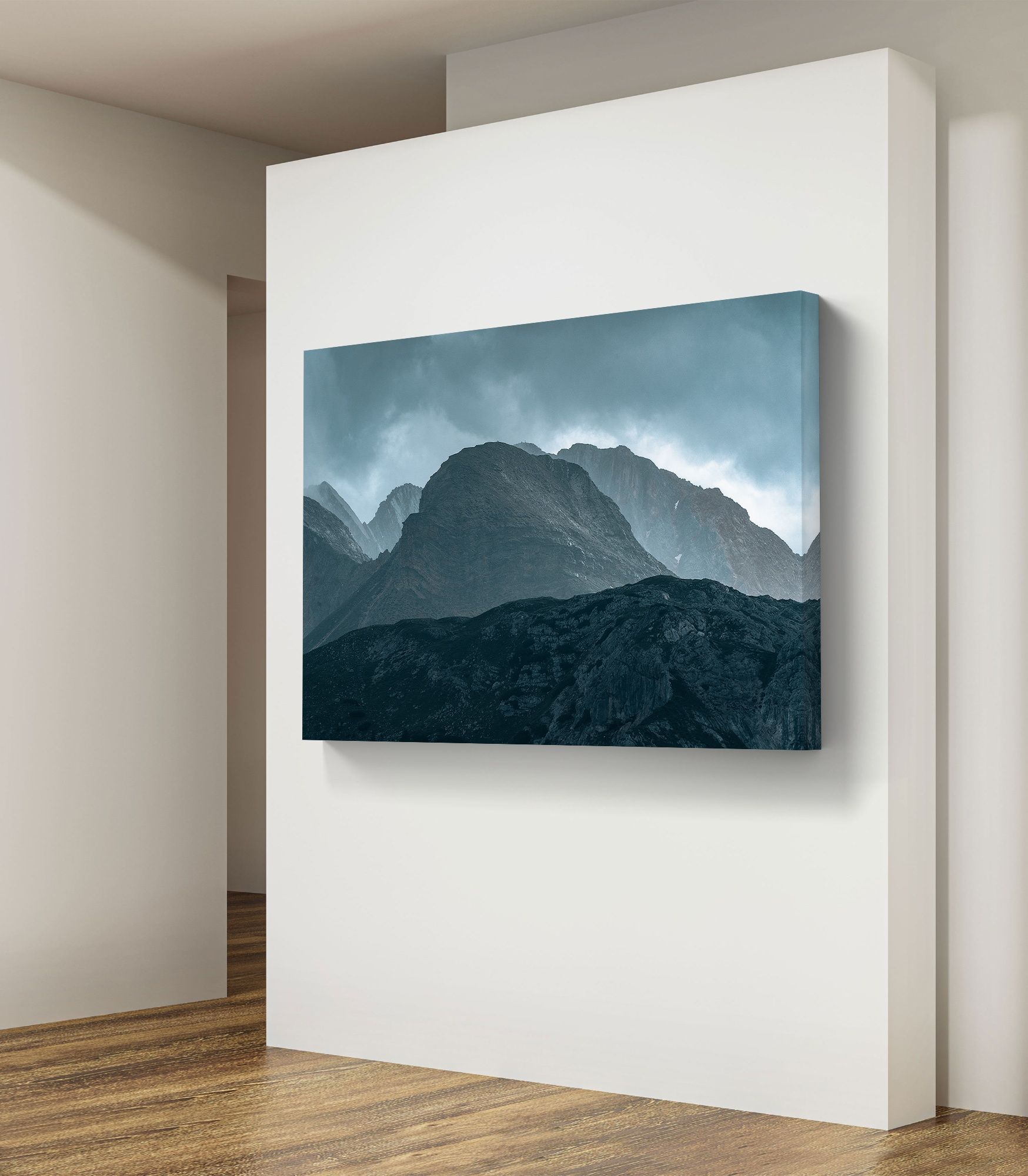 Landscape image of a mountain backdrop after a thunderstorm as a mural in a hallway.