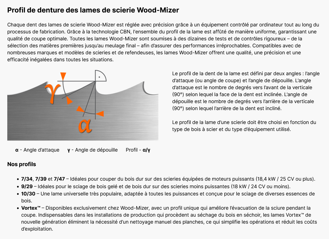 profils dents lame dev sciage woodmizer