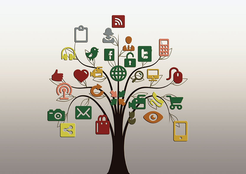 Büroservice und Verwaltung Ein Baum mit Symbolen wie Handy, Computer, EMail