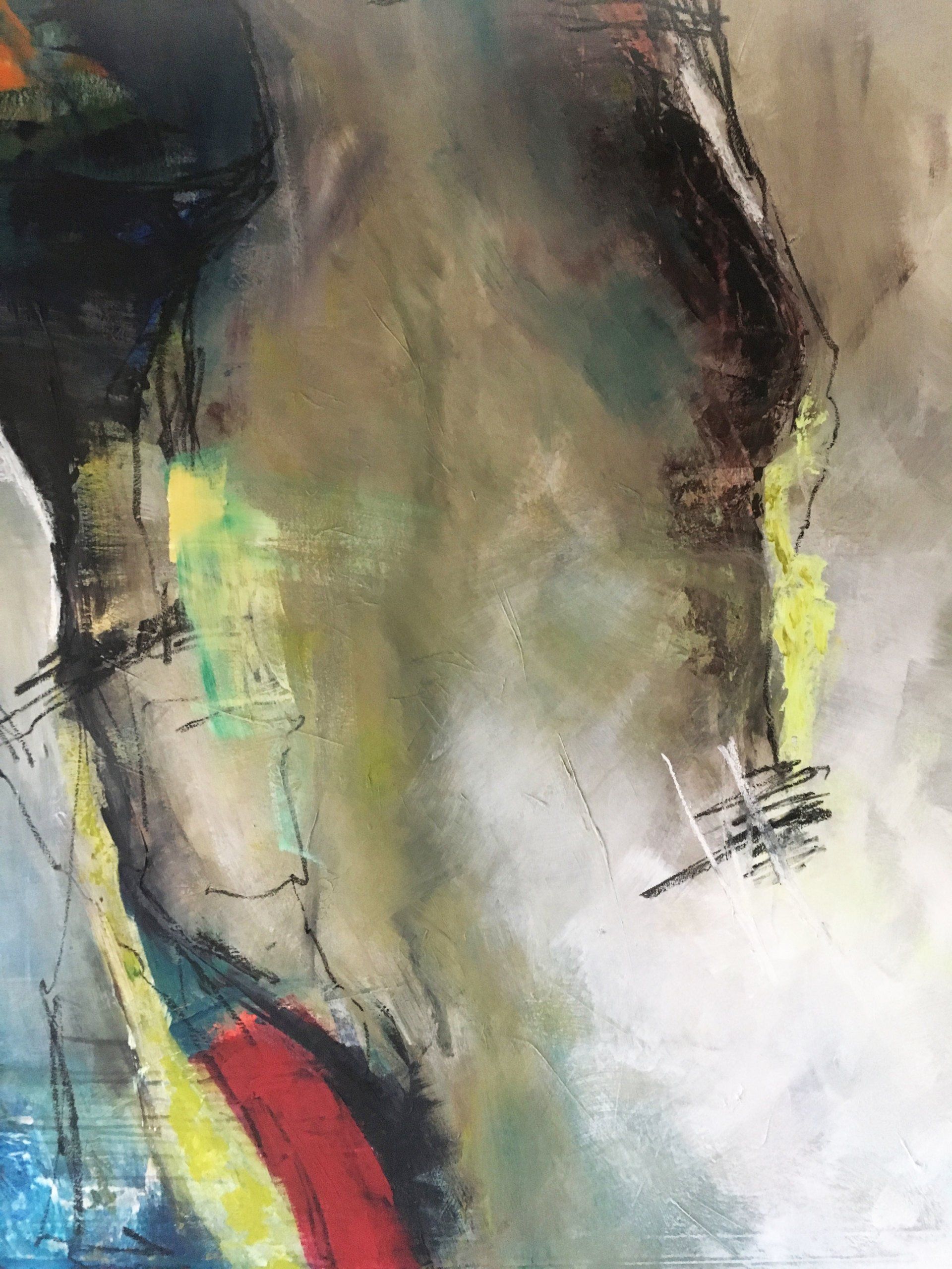 Abstraktes Motiv in dunklen Farben mit leuchtend grünen Akzenten, Acryl auf Leinwand Gabriele Prentl Malerei