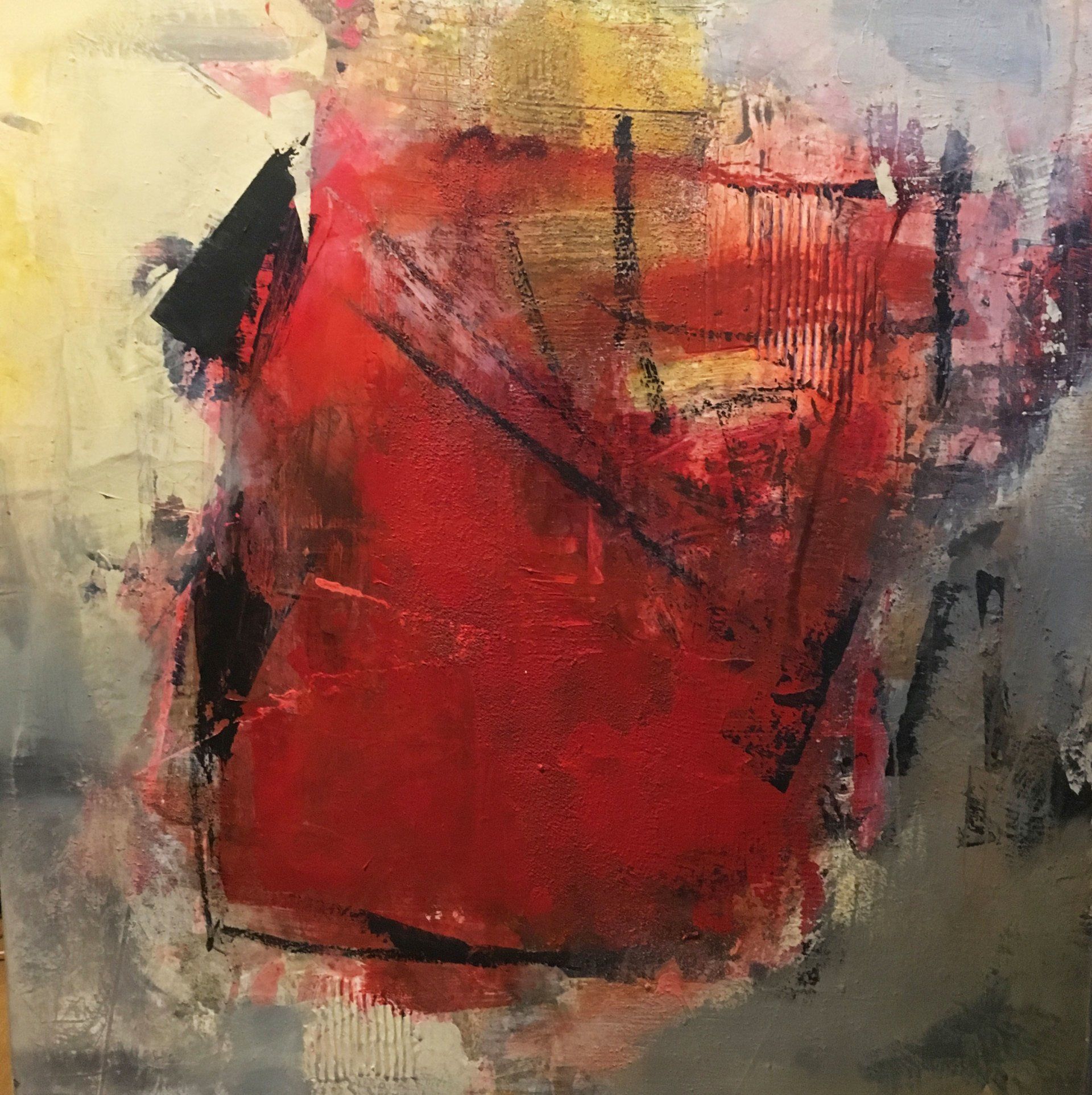 Abstraktes Motiv in rot, schwarz und helleren Rändern, Acryl auf Leinwand Gabriele Prentl Malerei