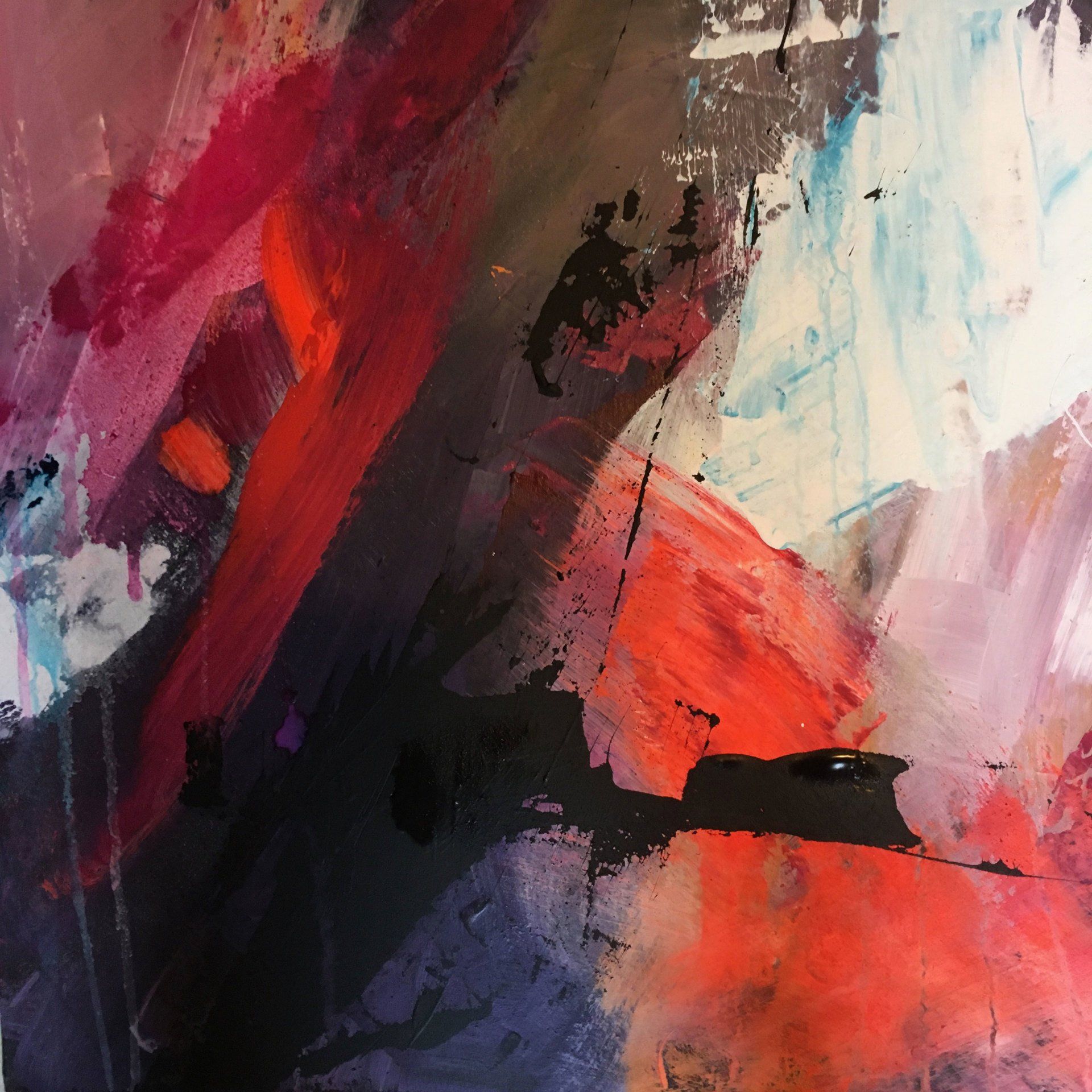 Abstraktes Motiv in Rottönen, schwarz und blau, Acryl auf Leinwand Gabriele Prentl Malerei