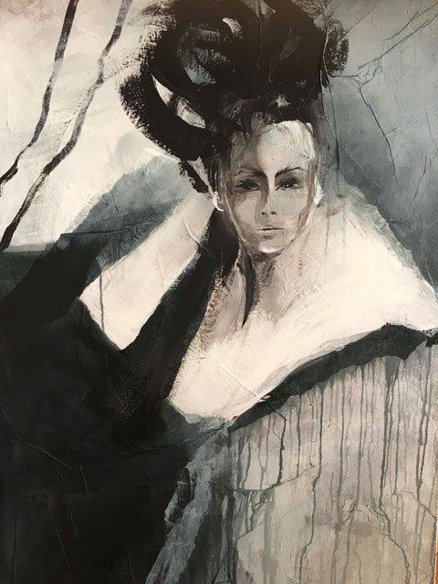 Abstrakt gemalte Frau, Portrait, braun/ weiß/ grau Töne, Acryl auf Leinwand, Gabriele Prentl Malerei