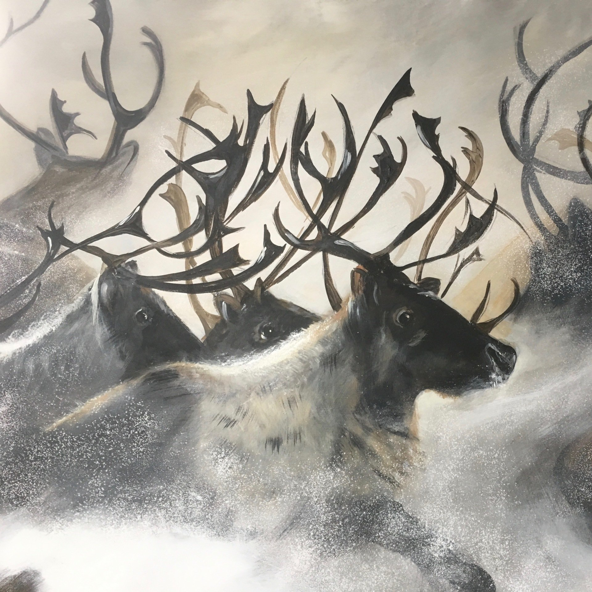 Rentiere im Schnee Acryl abstrakt gezeichnet