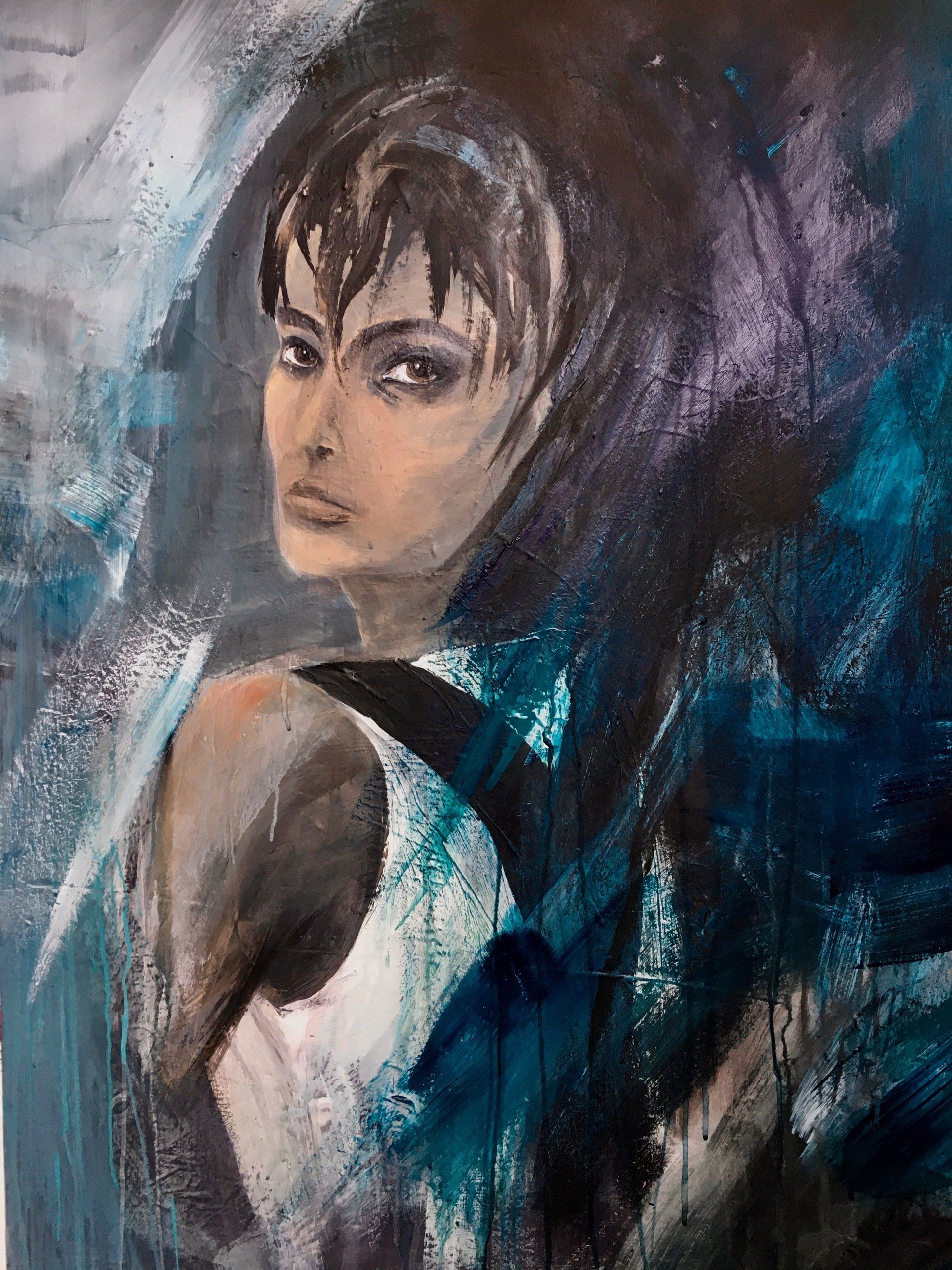 Abstrakt gemalte Frau, Portrait, blau/ lila / weiß Töne, Acryl auf Leinwand, Gabriele Prentl Malerei