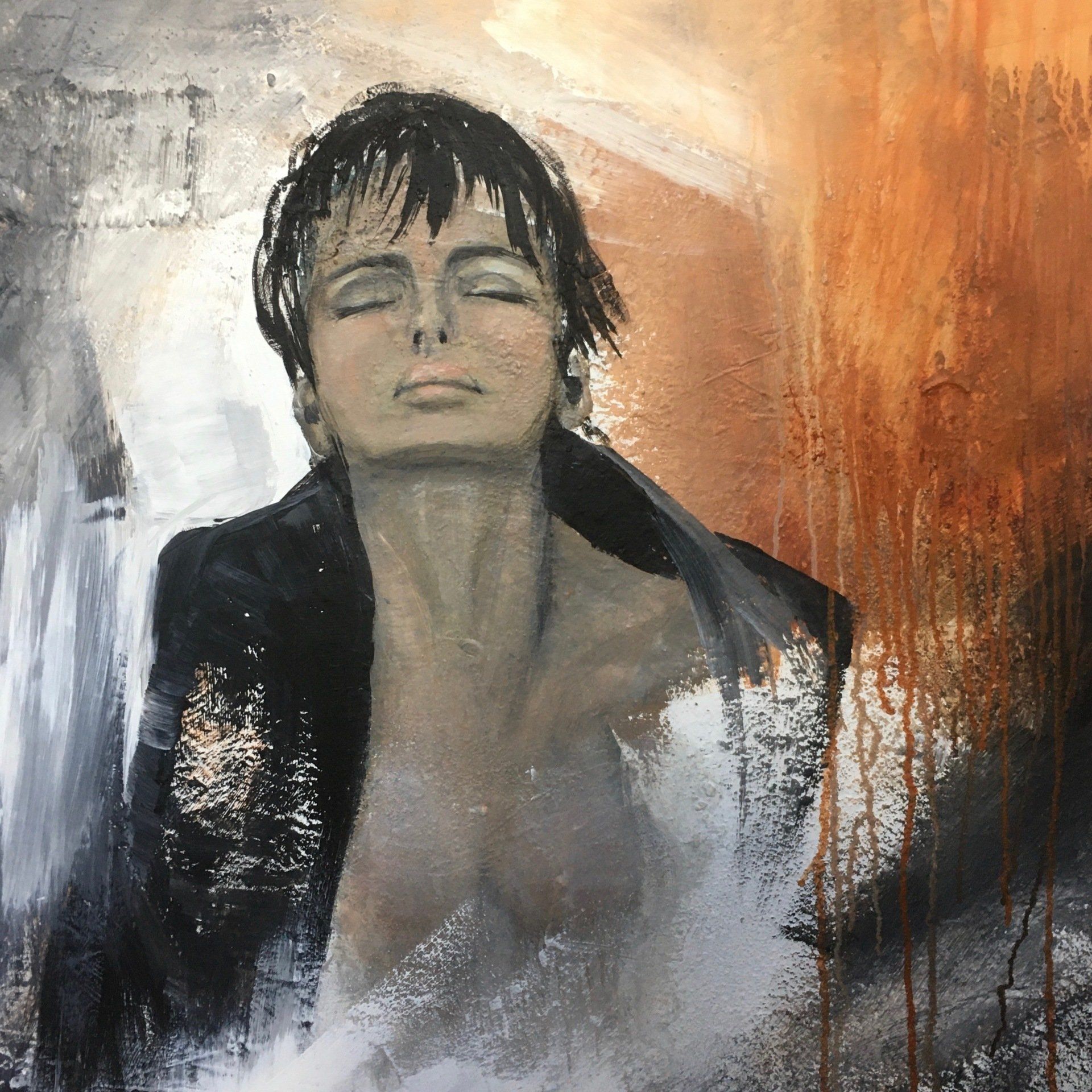Abstrakt gemalte Frau oder Mann, Portrait, orange/ grau/ schwarz/ weiß Töne, Acryl auf Leinwand, Gabriele Prentl Malerei