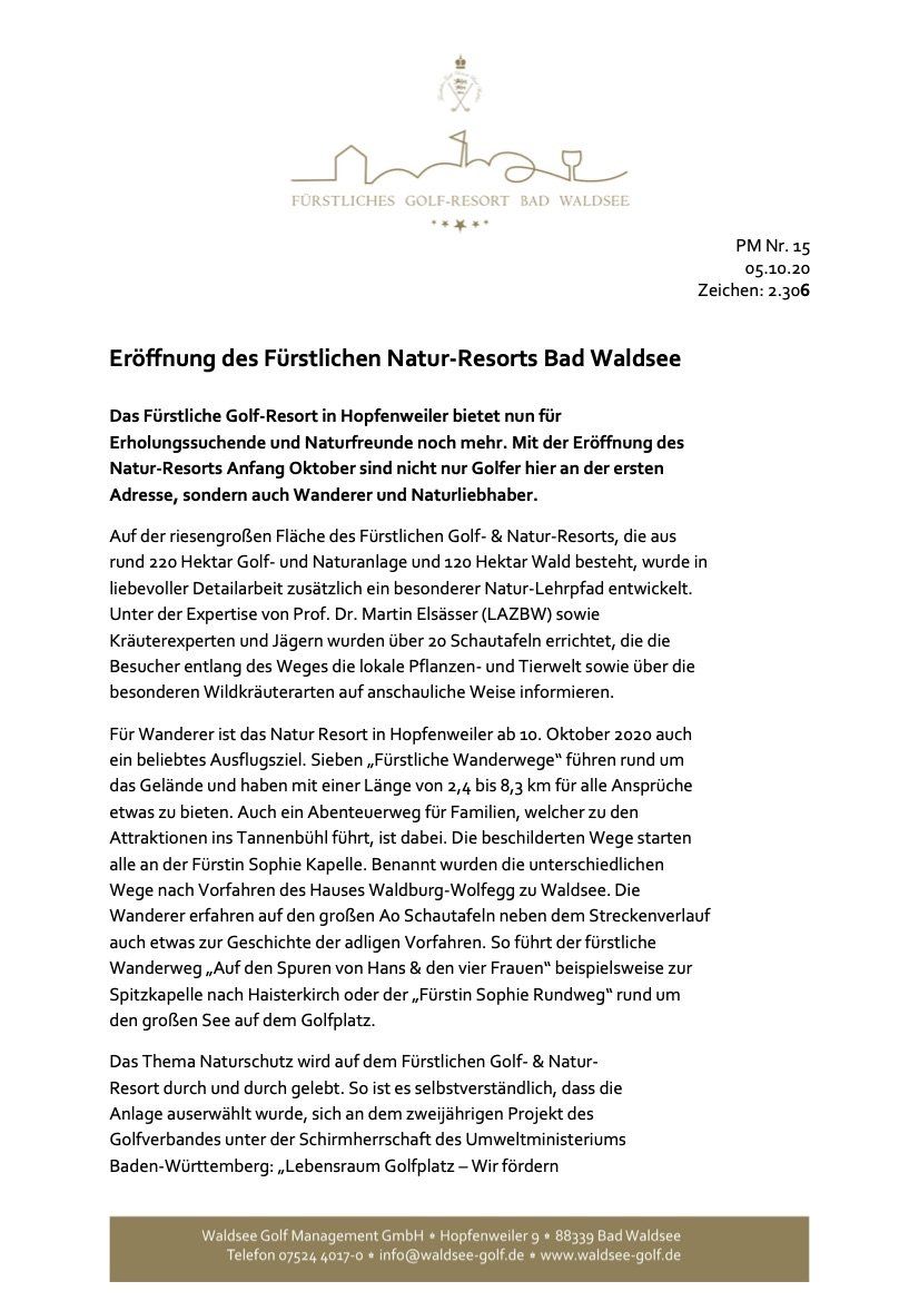 Fürstliches Golf-Resort Bad Waldsee, Golf, 45-Loch Golf-Anlage, LED Nachtgolf-Anlage, Golfschule, Golfturniere, New Course, Old Course, 9-Loch-Kurzplatz, Greenkeeping, Fürstlicher Golf-Club Oberschwaben, Fürstliches Golf-Hotel, Golf-Angebote, Golf-Schnupperkurse, Natur-Lehrpfad, Rund-Wanderwege, Kaffee, Restaurant, Vinothek, erlesene Weine, Bar, selbstgebackene Kuchen, Snacks, Mittagstisch, Sonnenterrasse, Gin - Greenkeeper's Cut, Bier vom Fass, kleine Gerichte, Burger, vegetarisch, vegan, Laktose frei, Gluten frei, Café-Restaurant Ausblick T-19, Restaurant im Hofgut