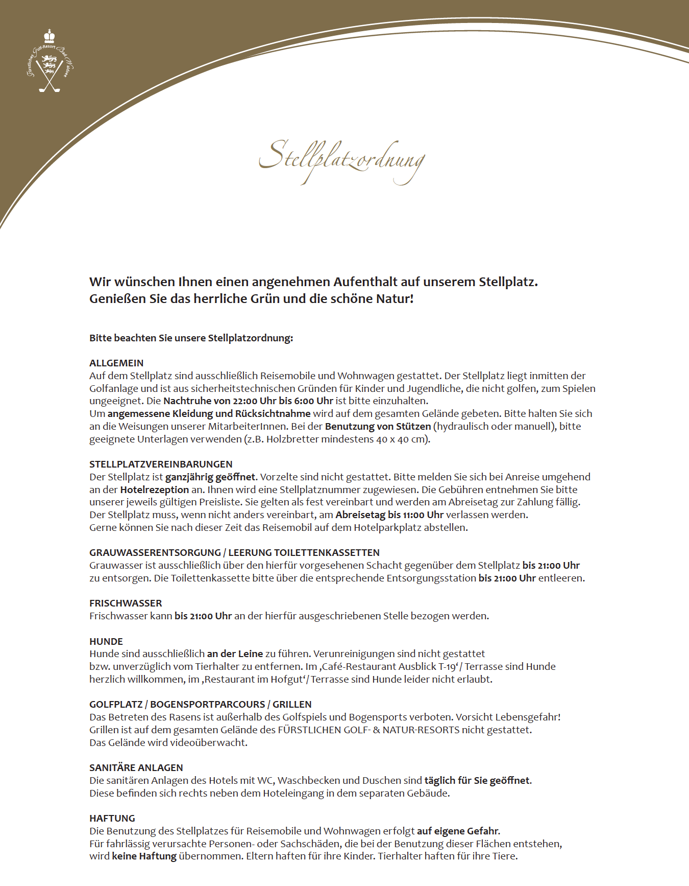 Stellplatzordnung öffnen Wohnmobil Stellplatz, Golfen, Golfhotel, Fürstliches Golf- und Natur-Resort Bad Waldsee, Genuss, Romantisches Wochenende, Golfkurse, Oberschwaben, Allgäu, Ausblick-T19, Restaurant im Hofgut, Sonnenterrasse, Kamin, Gourmet, Fürstlich, Spezialitäten Restaurant, Kurzurlaub, Sportpark, Natur-Resort, Bodensee, tolle Events, Schnitzeljagd, Wildkräuter, Wildtiere, Rote Liste Pflanzen, Naturlehrpfad, Waldsofa