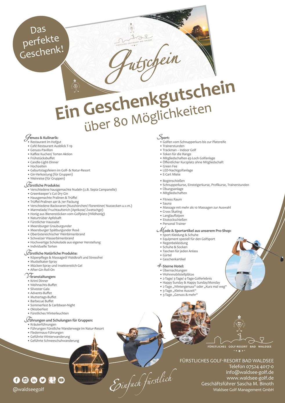 Fürstliches Golf-Resort Bad Waldsee, Golf, 45-Loch Golf-Anlage, LED Nachtgolf-Anlage, Golfschule, Golfturniere, New Course, Old Course, 9-Loch-Kurzplatz, Greenkeeping, Fürstlicher Golf-Club Oberschwaben, Fürstliches Golf-Hotel, Golf-Angebote, Golf-Schnupperkurse, Natur-Lehrpfad, Rund-Wanderwege, Kaffee, Restaurant, Vinothek, erlesene Weine, Bar, selbstgebackene Kuchen, Snacks, Mittagstisch, Sonnenterrasse, Gin - Greenkeeper's Cut, Bier vom Fass, kleine Gerichte, Burger, vegetarisch, vegan, Laktose frei, Gluten frei, Café-Restaurant Ausblick T-19, Restaurant im Hofgut