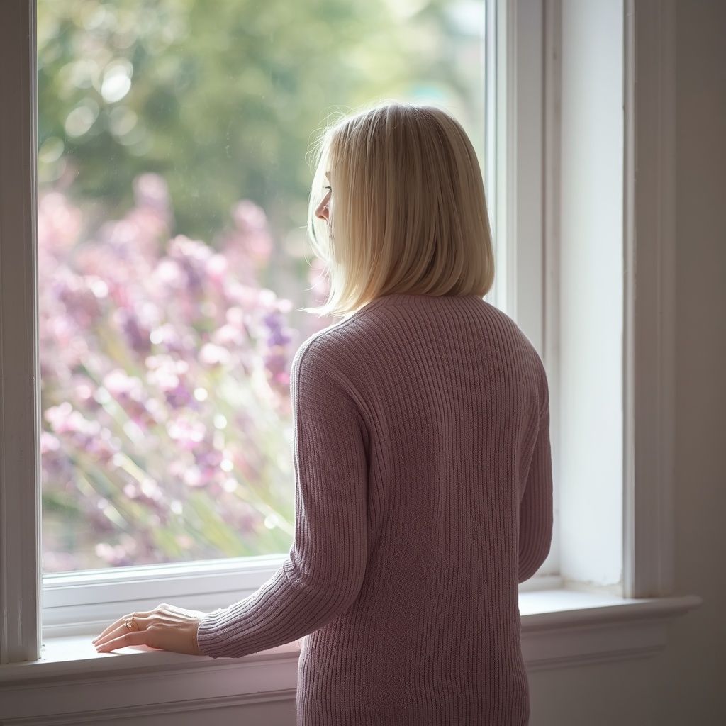 Hochsensible Frau sitzt nachdenklich am Fenster – narzisstische Mutter Prägung erkennen