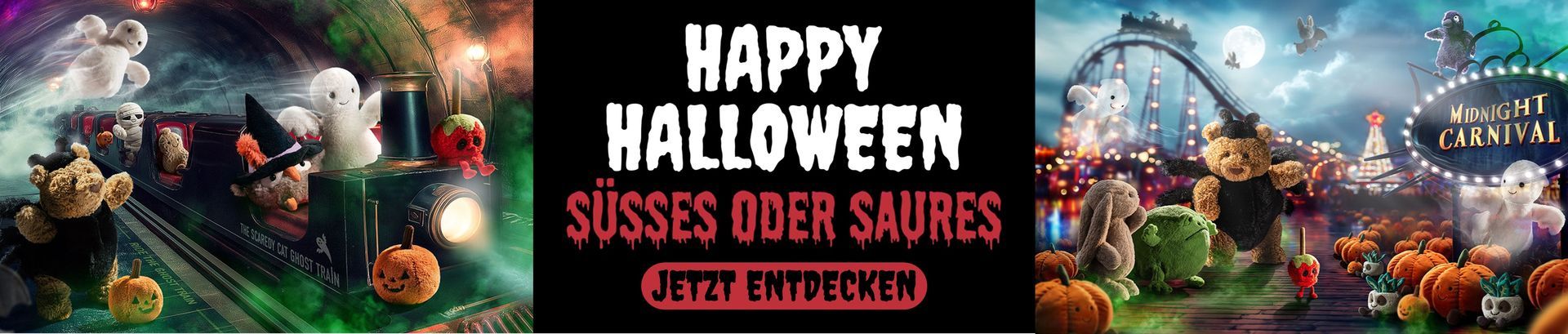 Banner mit süß-schaurigen Kuscheltieren zu Halloween. Text: ‘HAPPY Halloween, Süßes oder Saures – jetzt entdecken’.