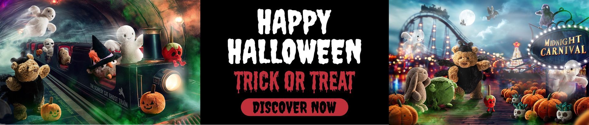 Banner with cute and spooky stuffed animals for Halloween. Text: “HAPPY Halloween, trick or treat – discover now.”