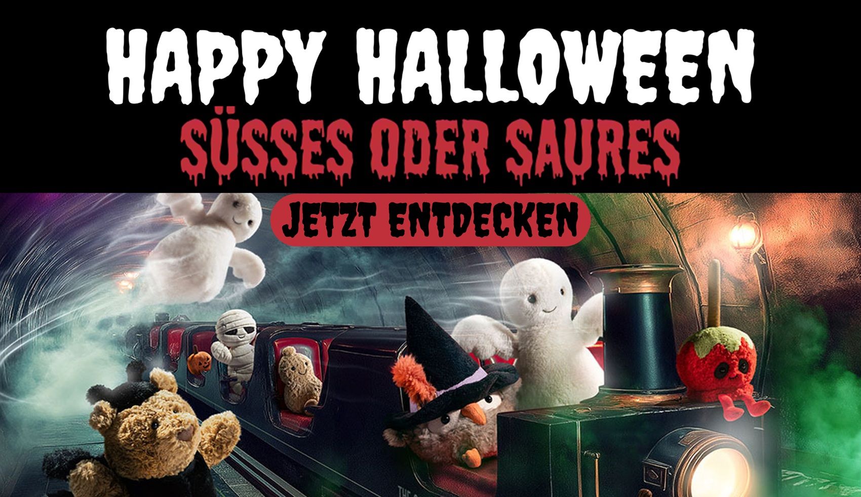 Banner mit süß-schaurigen Kuscheltieren zu Halloween. Text: ‘HAPPY Halloween, Süßes oder Saures – jetzt entdecken’.
