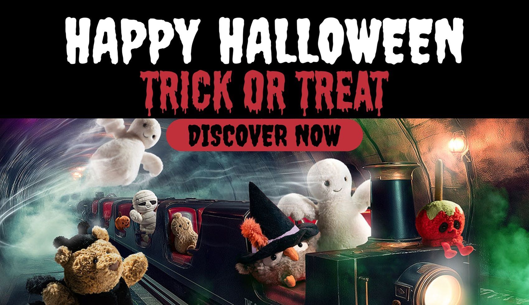 Banner with cute and spooky stuffed animals for Halloween. Text: “HAPPY Halloween, trick or treat – discover now.”