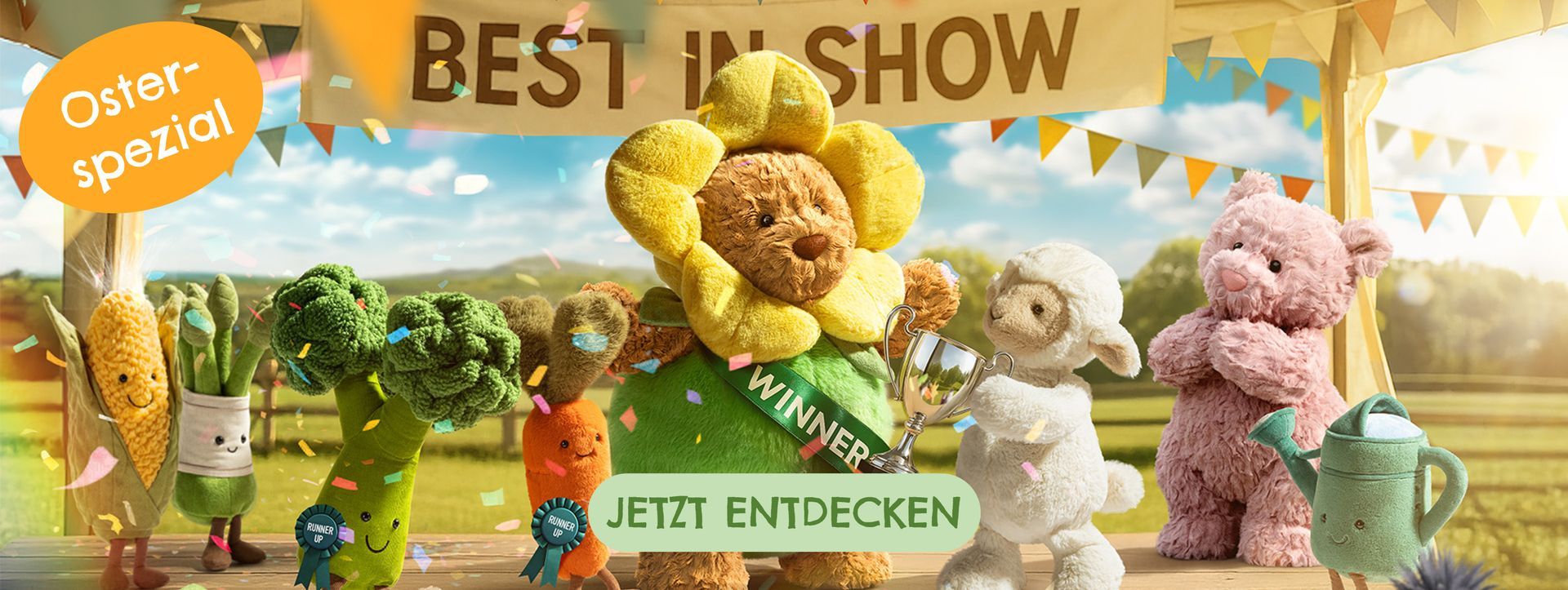 Feierliche Preisverleihung mit Jellycat Plüschtieren und buntem Frühlings-Banner als Osterspezial
