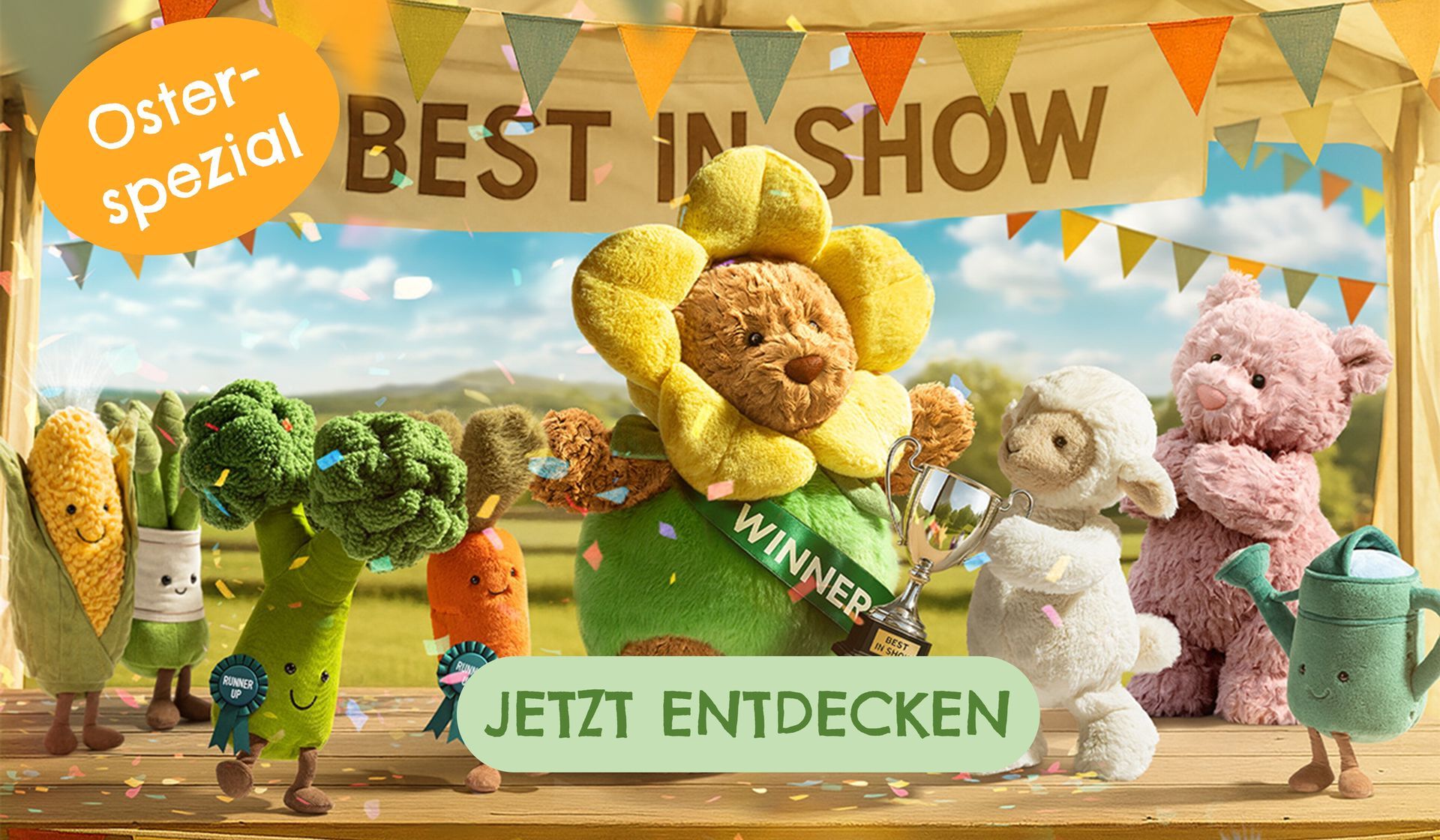 Feierliche Preisverleihung mit Jellycat Plüschtieren und buntem Frühlings-Banner als Osterspezial