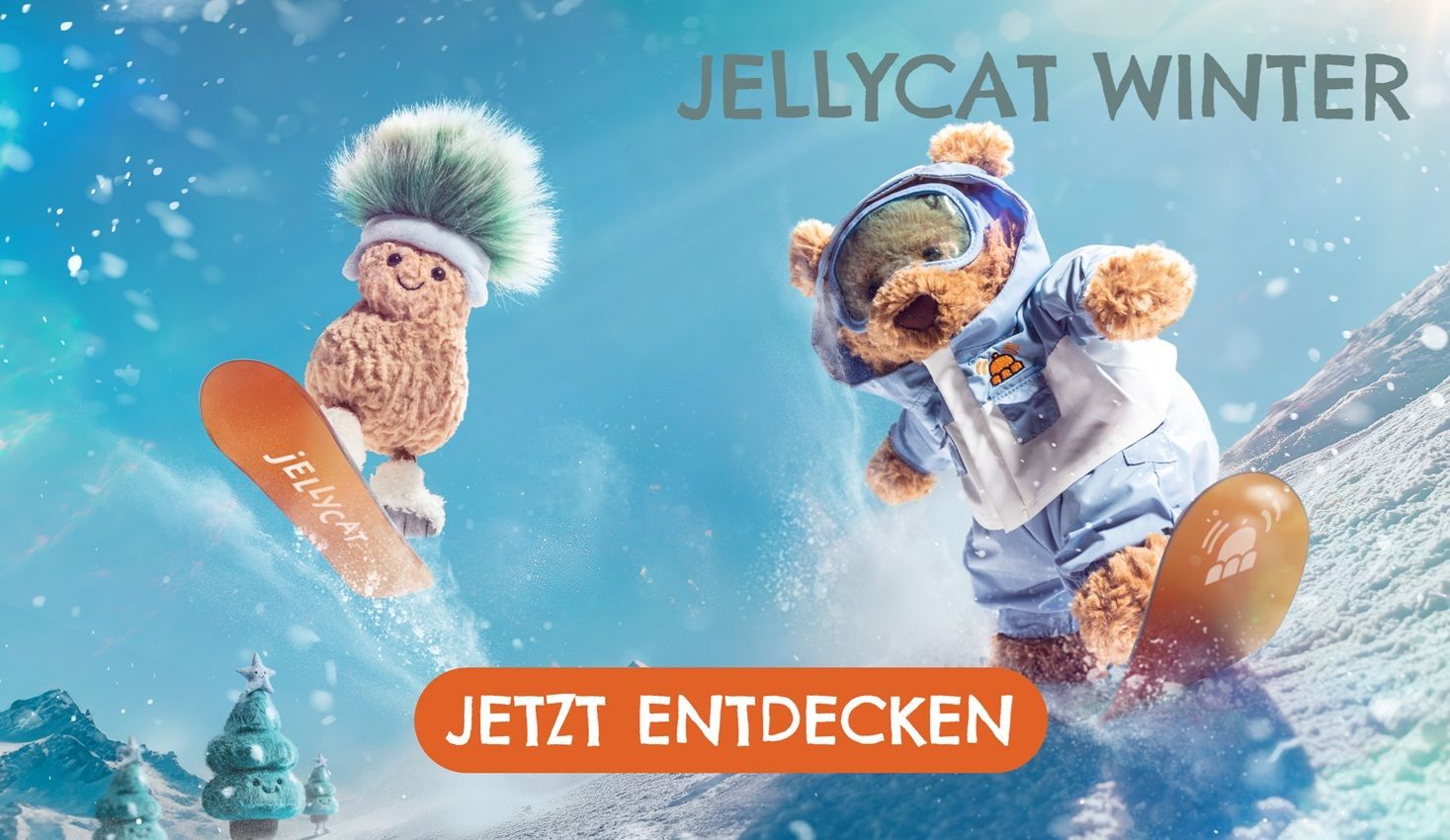 Jellycat Winter: Flausch im Schnee! Amuseables Peanut Apres Ski und Bartholomew im Skianzug von Jellycat für Weihnachten für Stofftier Fans und Sammler.