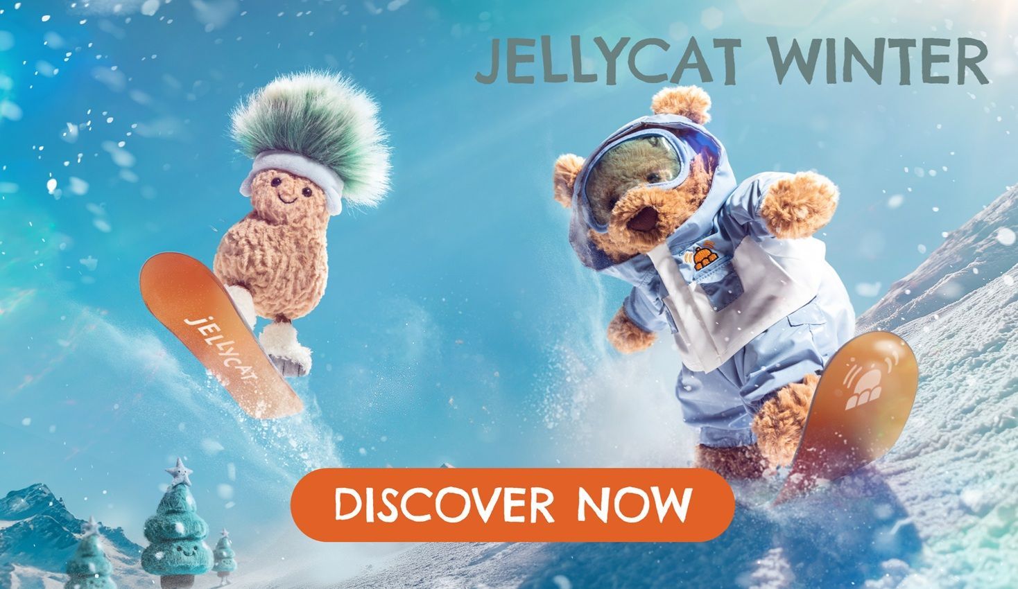 Jellycat Winter: Fluffiness in the snow! Amuseables Peanut Apres Ski and Bartholomew in ski suits from Jellycat for Christmas for soft toy fans and collectors.