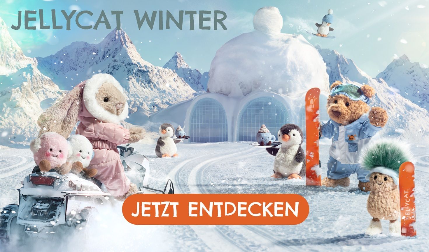 Jellycat Winter: Flausch im Schnee! Winterliche Kuscheltiere von Jellycat im Ski-Hotel für Weihnachten für Stofftier Fans und Sammler.