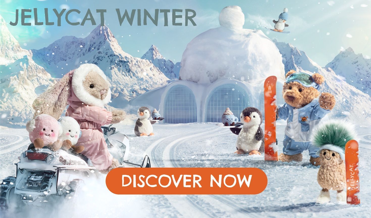 Jellycat Winter: Fluffiness in the snow! Winter cuddly toys from Jellycat in a ski hotel for Christmas, for soft toy fans and collectors.