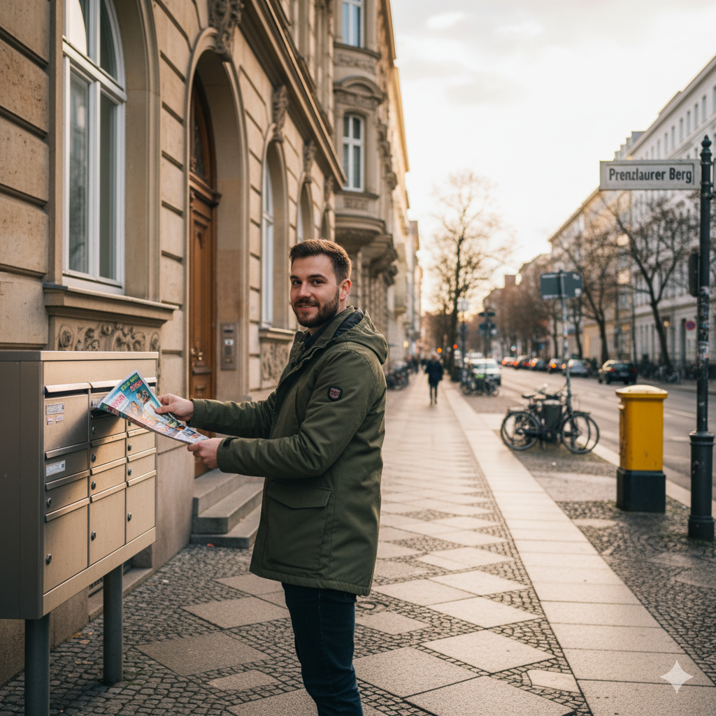 Flyerverteiler bei der Arbeit, wenn er Werbeflyer in die Briefkästen einwirft