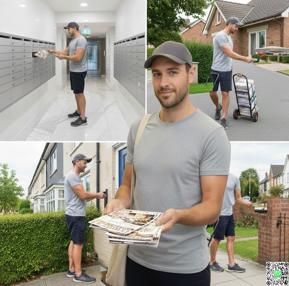 Ein Mitarbeiter in Arbeitskleidung wirft einen Flyer gewissenhaft in einen Briefkasten