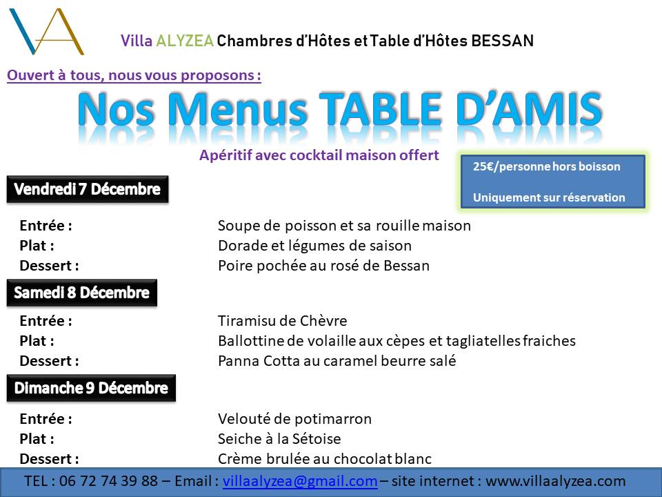chambres d'hôtes Villa Alyzea Bessan, table d'amis