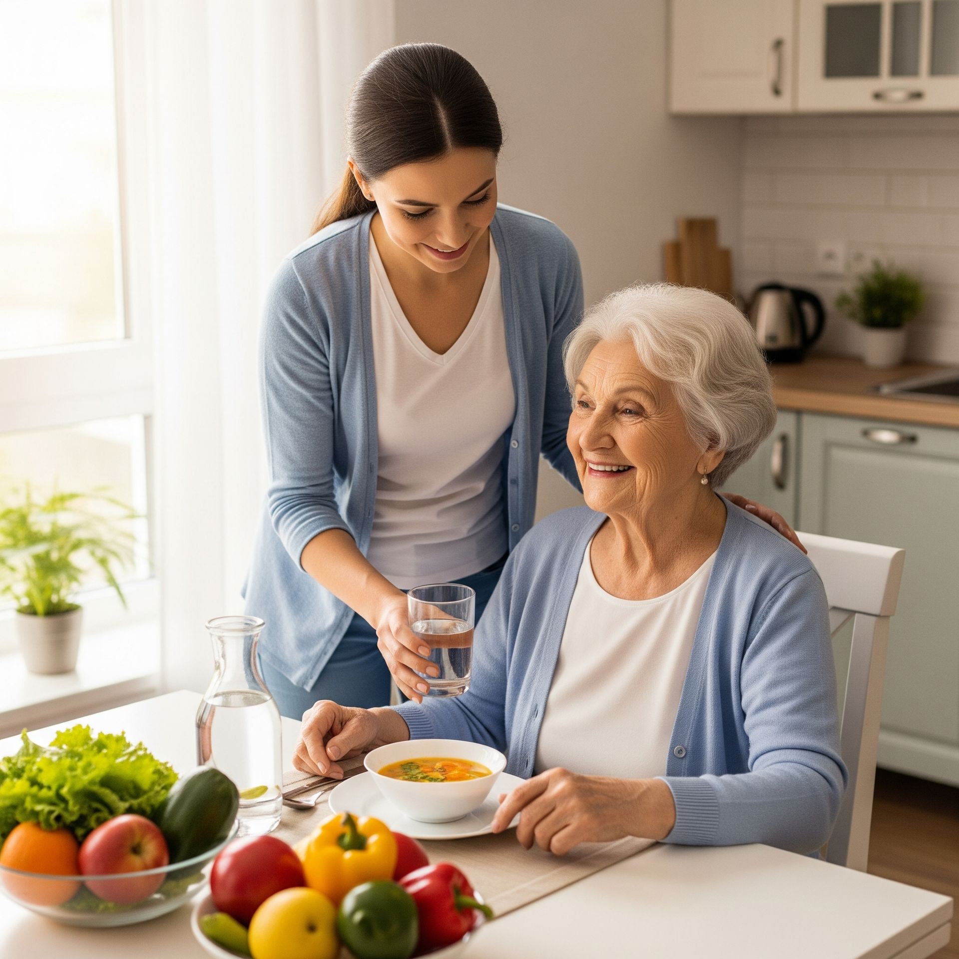 Persona dependiente comiendo saludable acompañada de su cuidadora