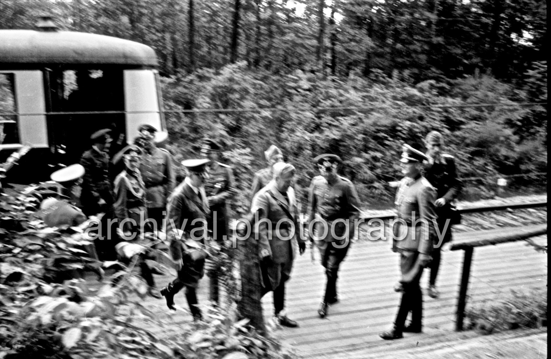 Hitler and Mussolini on Train Platform - Nazi Adolf Hitler and the Italian 'Il Duce' Benito Mussolini on the train platform at the 'Wolfsschanze' Wolf's Lair headquarters at Rastenburg in East Prussia