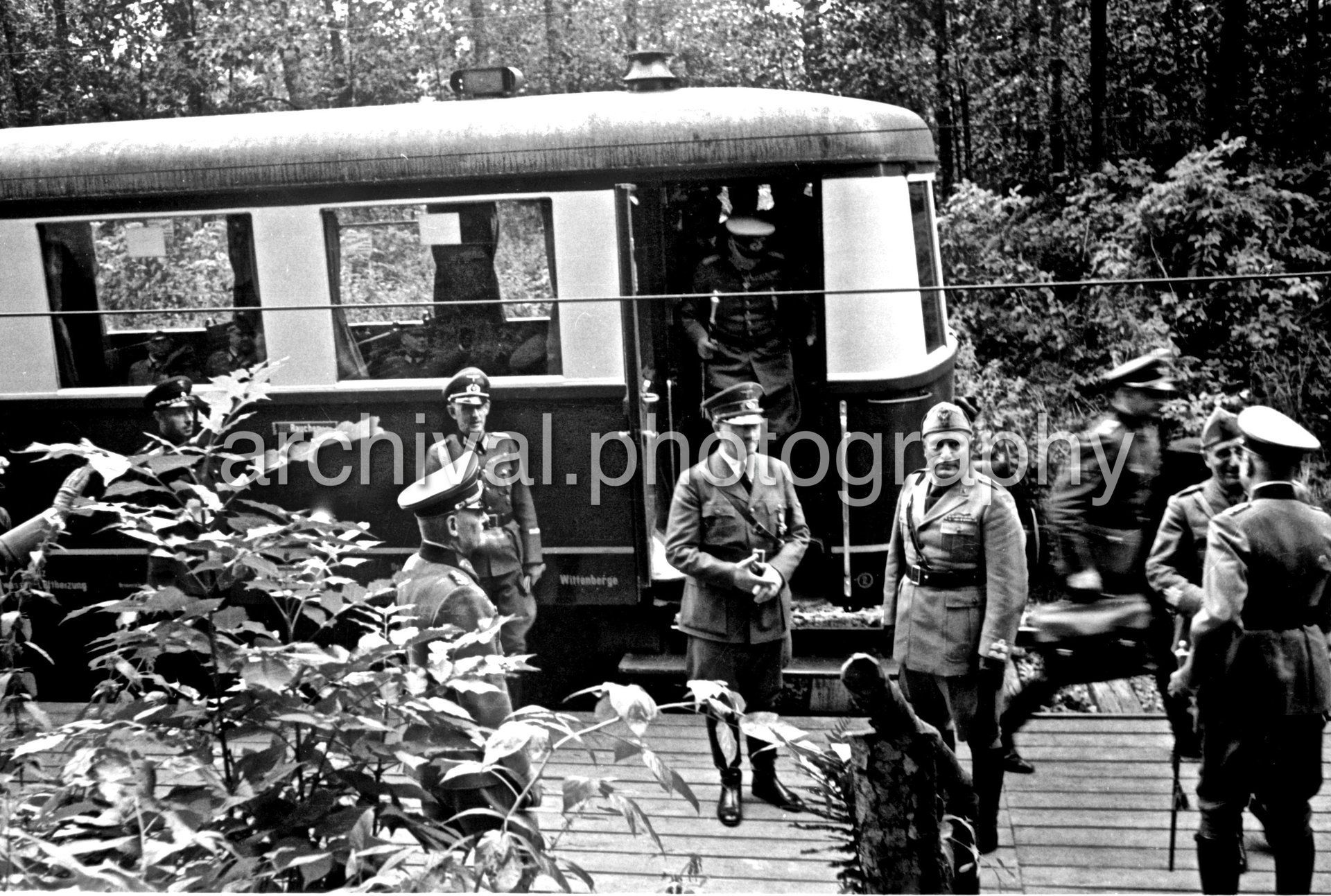 Hitler and Mussolini on Train Platform - Nazi Adolf Hitler and the Italian 'Il Duce' Benito Mussolini on the train platform at the 'Wolfsschanze' Wolf's Lair headquarters at Rastenburg in East Prussia
