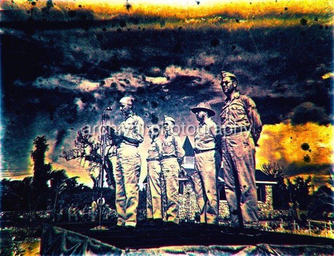 Candid WWII Photos Of GI's From All Sides - ARMY BRASS DELIVERING EULOGY ON PACIFIC ISLAND