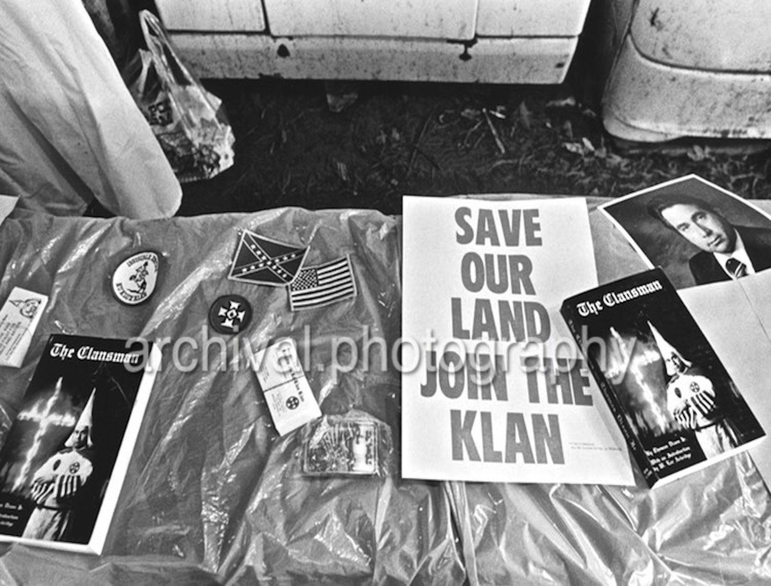 Ku Klux Klan - KKK Books and patches FOR SALE on table