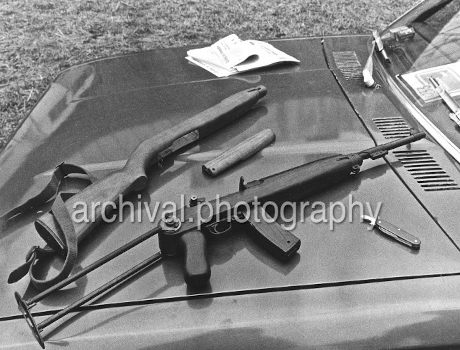 Two guns on top of hood of car