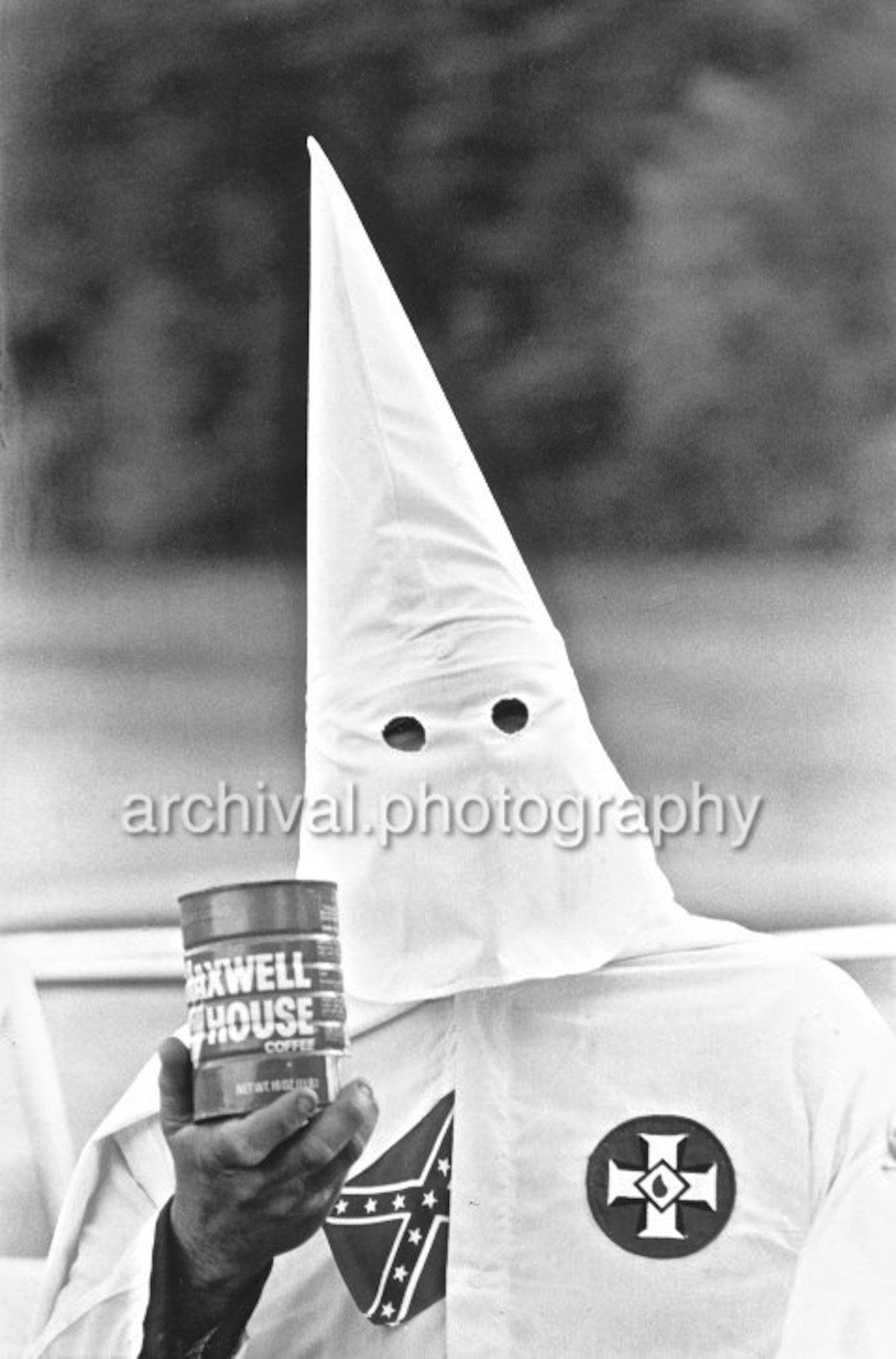 KKK member holding up coffee can - Ku Klux Klan - KKK members HOLDING MAXWELL HOUSE COFFEE CAN