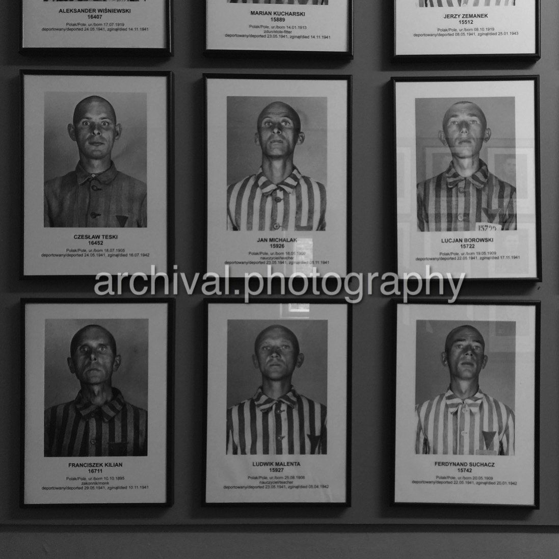 Photos hung on wall of 6 Auschwitz victims - Auschwitz Concentration Camp -