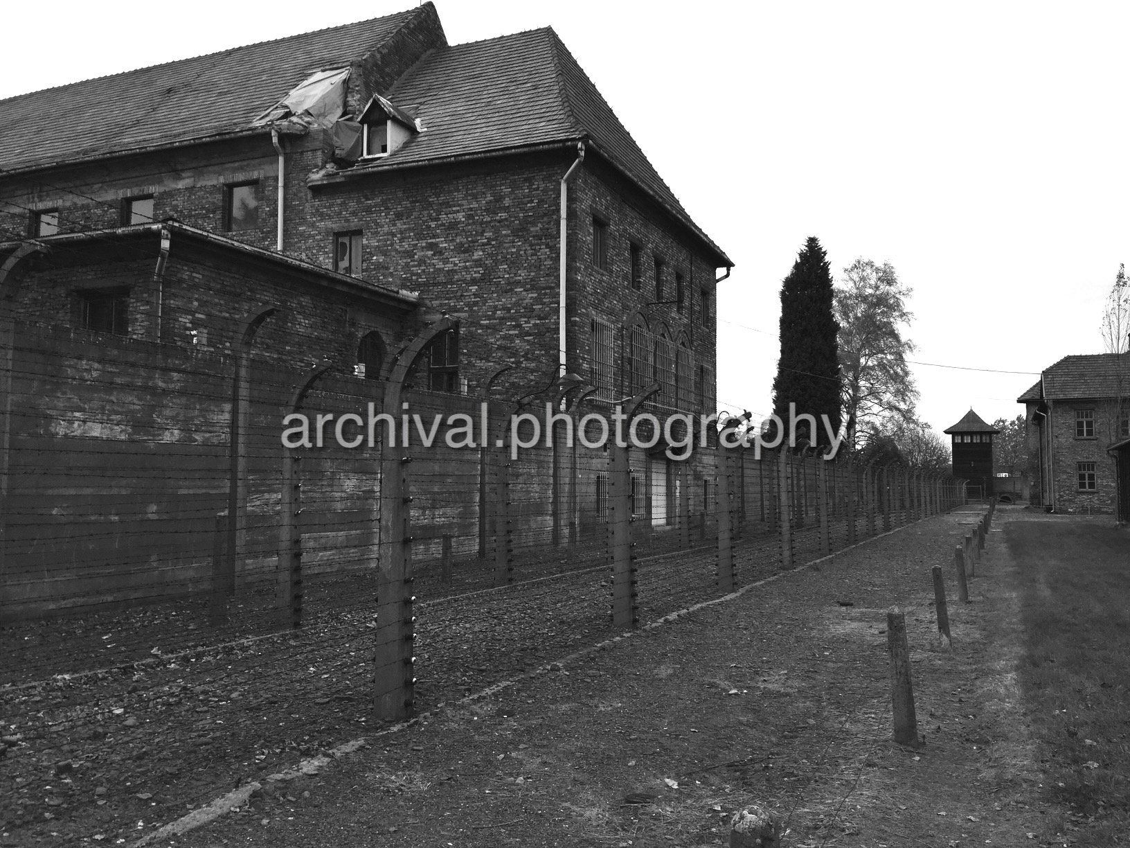 Barbed wire fencing outside of Auschwitz buildings - Auschwitz Concentration Camp -