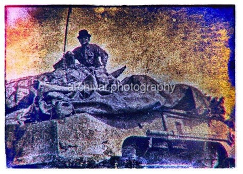 Candid WWII Photos Of GI's From All Sides - US ARMY TANKER IN BOWLER HAT on top of tank