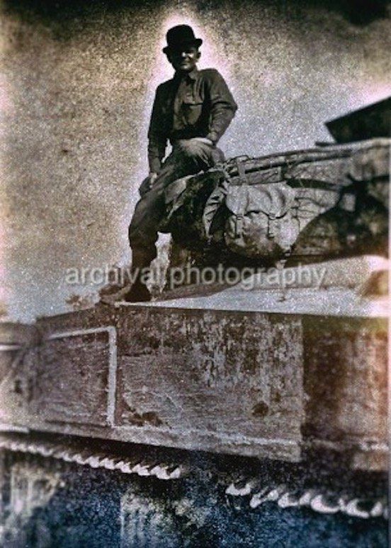 Candid WWII Photos Of GI's From All Sides - US ARMY TANKER IN BOWLER HAT on top of tank