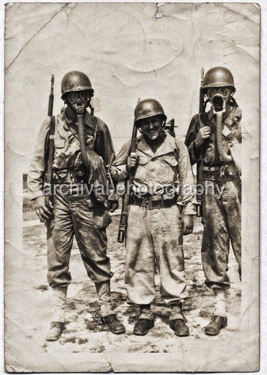 Candid WWII Photos Of GI's From All Sides - Three US ARMY soldiers POSING together with two of them wearing gas masks
