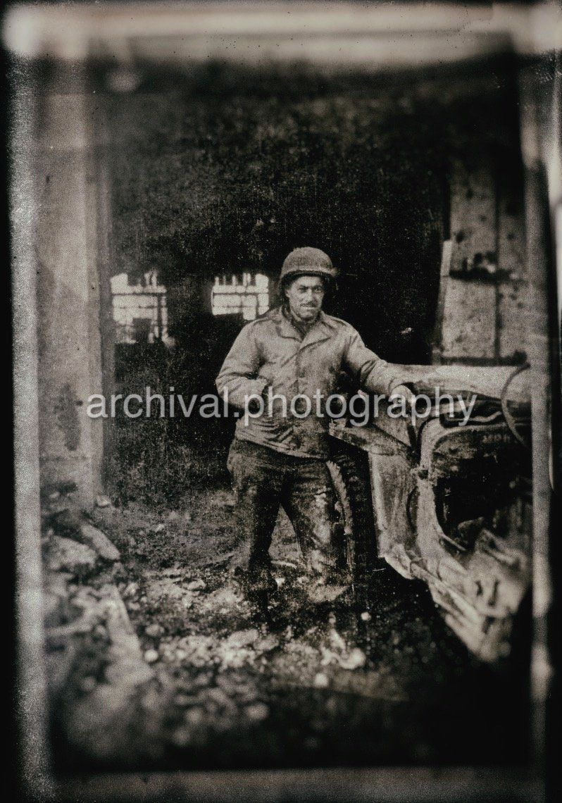 Candid WWII Photos Of GI's From All Sides - US ARMY Soldier standing next to burned OUT Jeep