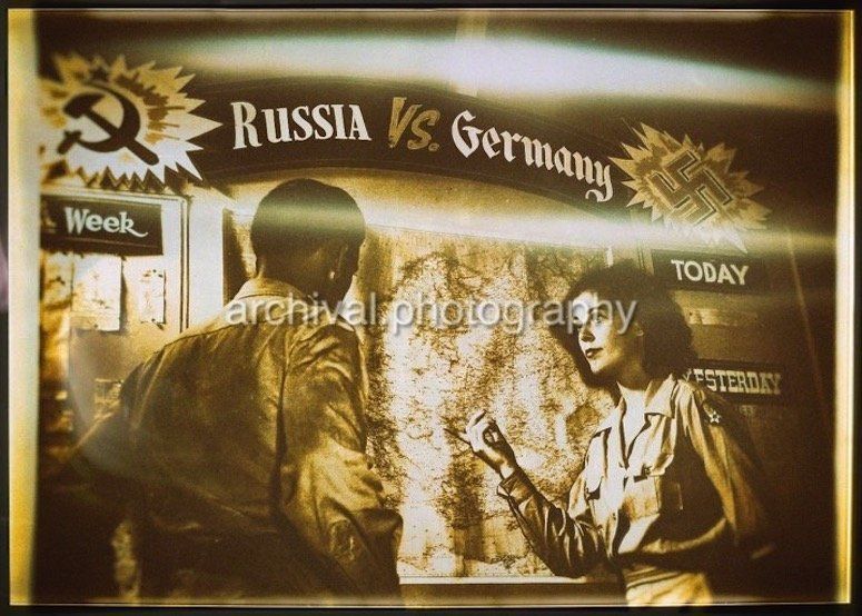 Candid WWII Photos Of GI's From All Sides - US SOLDIER and FEMALE US ARMY SOLDIER WITH Russia vs. Germany sign