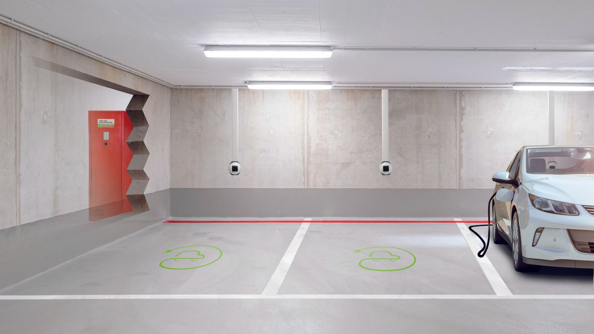 Animation der Ladeschranklösung Smopi in einer Tiefgarage. Mehrere Ladepunkte für Elektrofahrzeuge