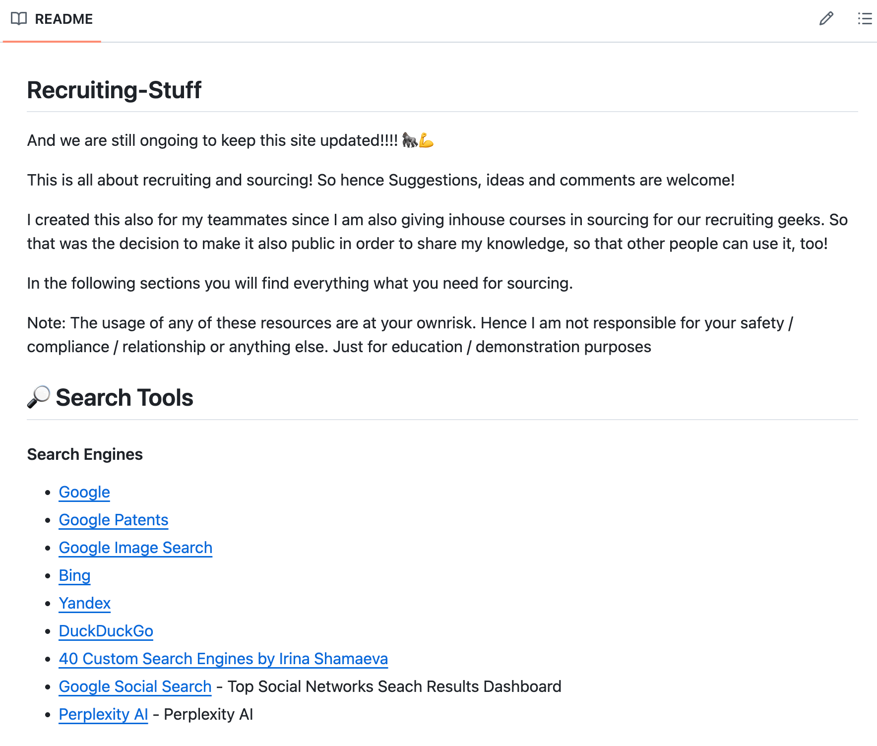 Bild zeigt Github Readme Datei von Tech Sourcer mit Links