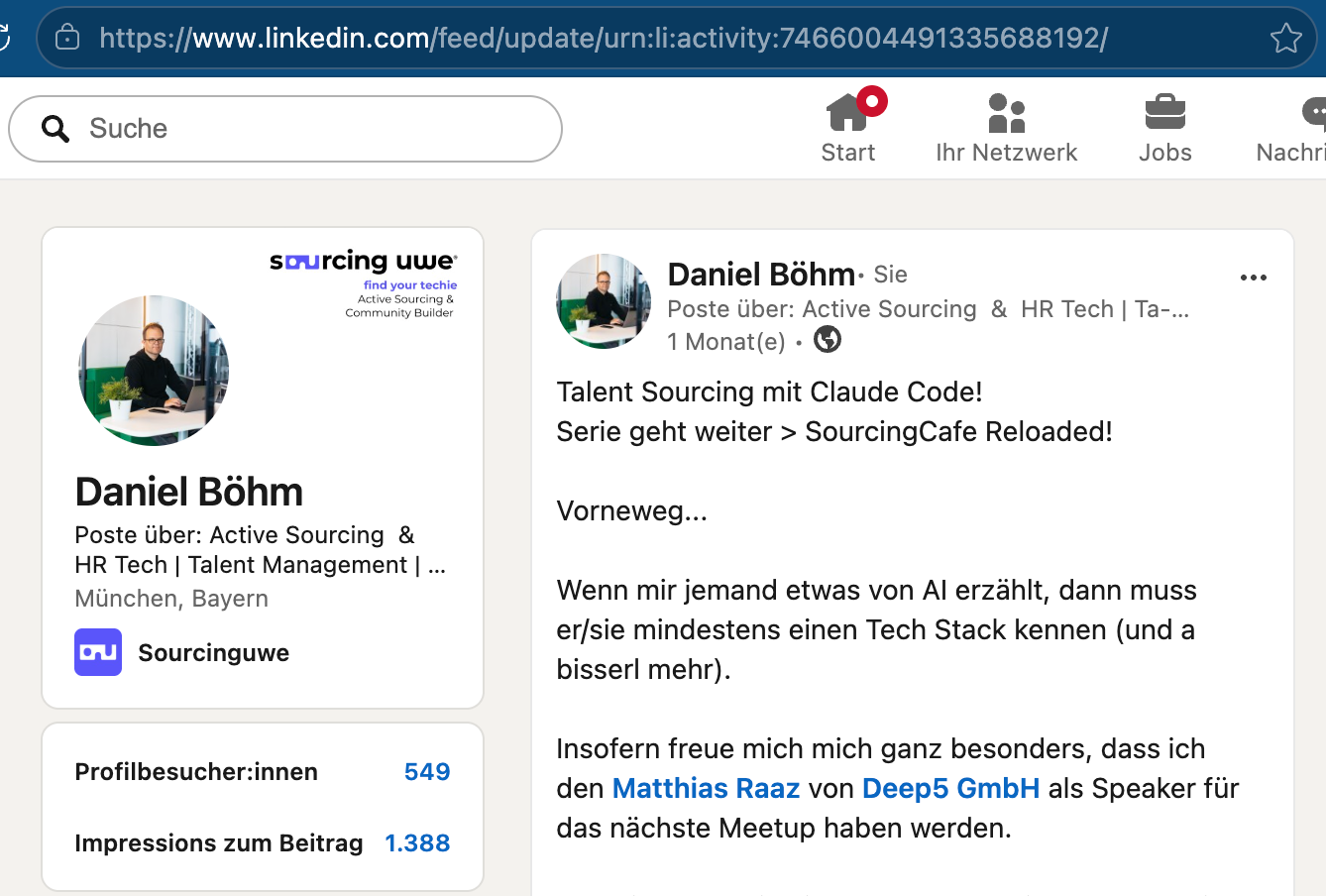 Bild zeigt Screenshot von Linkedin Account mit Beitrag