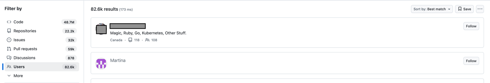 Bild zeigt Github Ergebnisliste Users
