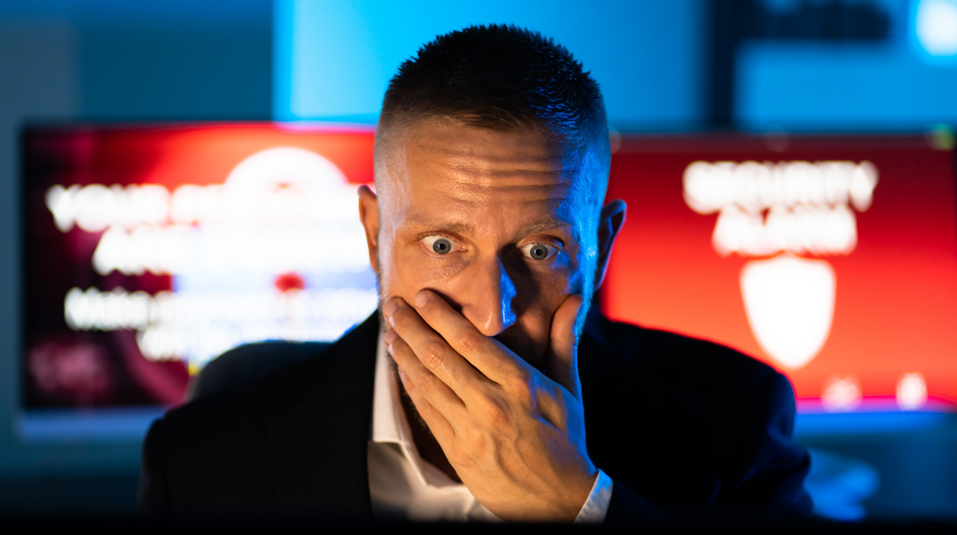 Geschockter Mann/Mitarbeiter, welcher bemerkt, dass sein System gehackt wurde