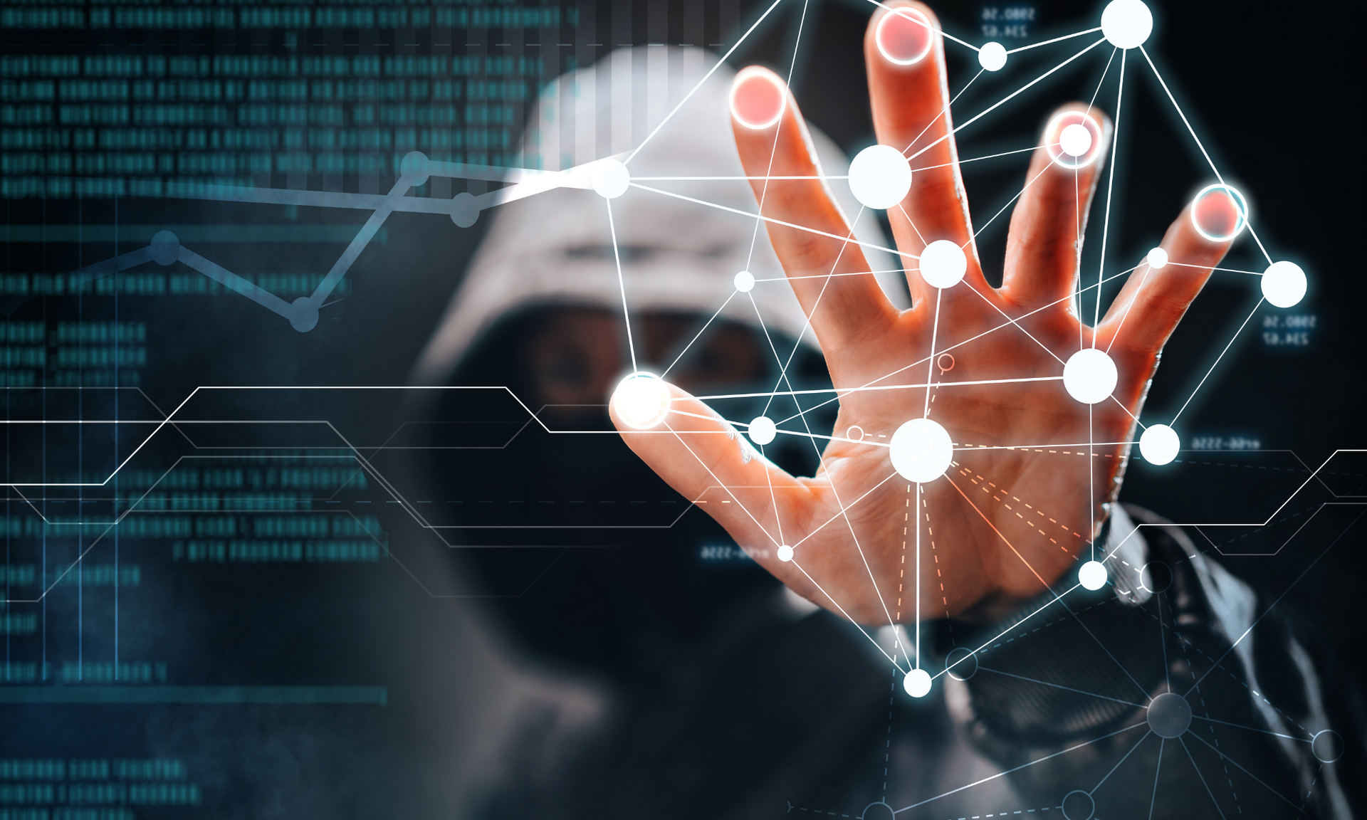 Maskierter/Mysteriöser Mann, welcher ein Hacker ist und seine Hand nach vorne vor die Kamera hält. Ein futuristisches Netz zwischen seinen Fingern entsteht.