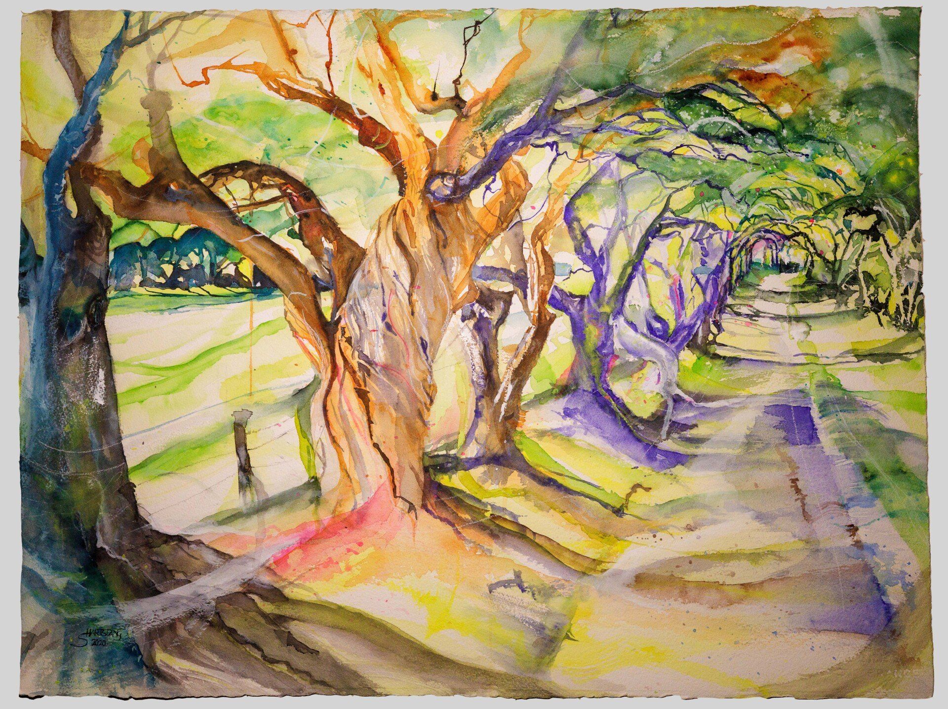 Aquarell Allee Maasholm von Stephanie Hartstang, Atelier Südereiche, Maasholm, Ostsee, Schlei, Schleimünde, Baum
