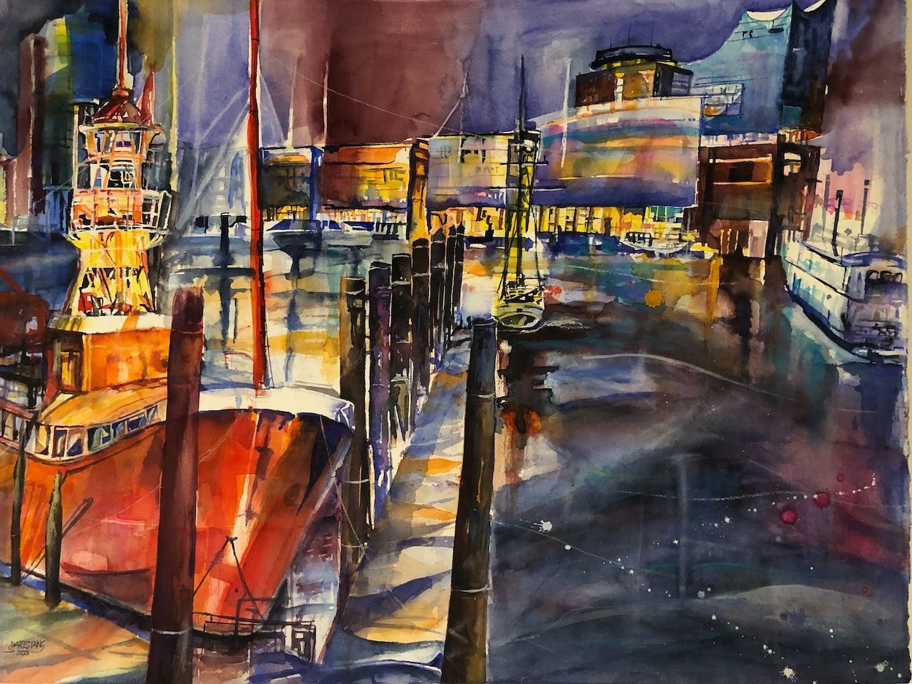 Feuerschiff Hamburg II, Aquarell von Stephanie Hartstang Feuerschiff Hamburg II im Hamburger Hafen mit der Elbphilharmonie, ein Aquarell von Stephanie Hartstang, Atelier Südereiche