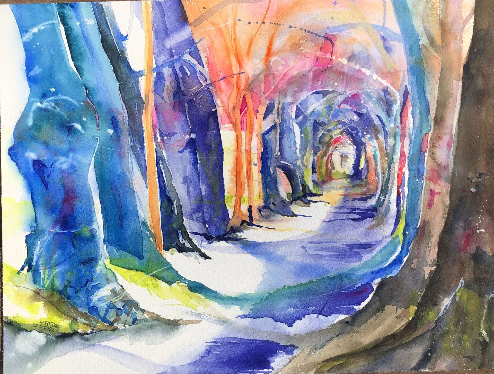 Allee Glücksburg, a watercolor painting of Stephanie Hartstang, Suedereiche.Art, Angeln, Baltic Sea, water castle